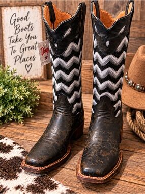 Tanner Mark Leather Black & Silver Chevron Western Cowboy Boots Square Toe NWT